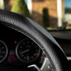 Gorla Gear Gray Leather Neoprene Steering Wheel Cover Women Men, Easy Fast Installation, Grey Universal Fit 14.5 15 15.5 Inch, Anti-Slip Safer Grip Car Accessories for Automobile Truck SUV Van