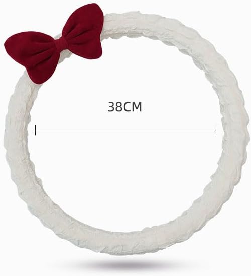 Car Steering Wheel Cover Cloth Puffrug car with Anti-Slip Sweat-Absorbing Handlebars Woman car Steering Wheel Cover Gift for Sister's mom Teacher (White Bow tie)