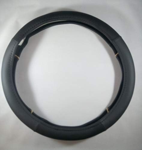 Jdragon Black + Beige Line PU Leather Best Grip Slip-On Steering Wheel Cover 14.25-15" Diameter