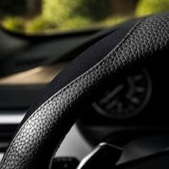 Gorla Gear Black Leather Neoprene Steering Wheel Cover Women Men, Easy Fast Installation, Universal Fit 14.5 15 15.5 Inch, Anti-Slip Safer Grip Car Accessories for Automobile Truck SUV Van