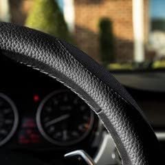 Gorla Gear Black Leather Neoprene Steering Wheel Cover Women Men, Easy Fast Installation, Universal Fit 14.5 15 15.5 Inch, Anti-Slip Safer Grip Car Accessories for Automobile Truck SUV Van
