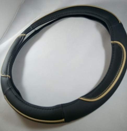 Jdragon Black + Beige Line PU Leather Best Grip Slip-On Steering Wheel Cover 14.25-15" Diameter
