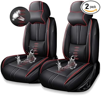 Premium Universal Car Seat Cover, Comfortable Leather Seat Cover for 96% of Models, Waterproof Car Seats Protectors Cushions for 2 Seats(Black+Red,Pillows)