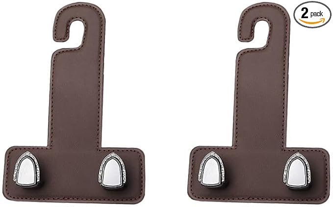 2PCS Car Headrest Hook, Dual Hook Leather Vehicle Back Seat Storage Organizer for Handbag Purse Hat, Multifunction Automotive Seat Back Hanger Holder, Universal for Most Vehicles (Coffee)