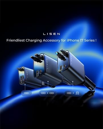 LISEN Retractable Car Charger, 69W Cars Adapter USBC Fast Charger for iPhone 17 16 Pro Max, Car Accessories for Valentines Day Gifts for him Her Birthday Gifts for Men Women 2026 Tech Gadgets for Men