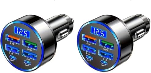 USB-C 6-Port Super Fast Car Charger with LED Voltage Monitor | Multi-Device Cigarette Lighter Adapter Compatible with iPhone, Samsung, Huawei, OnePlus, Oppo & Vivo Phones (Pack of 2)