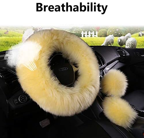 15inches Universal Leather Car Steering Wheel Cover Car Accessories Colorful Fuzzy Steering Wheel Cover Gear Shift Cover Handbrake Cover (Khaki)