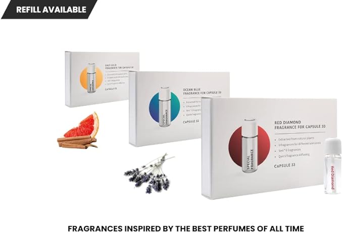 Capsule 33 Car Perfume Starter Pack, Car Air Freshener, Ultrasonic Aroma Diffuser, 6 Fragrances (White Crystal, Red Diamond, East Gold, Ocean Blue, Sweet Cherry, Light Pink) (White)
