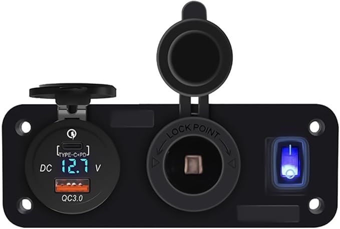 QC3.0 PD Dual USB Fast Charger Socket Multi Port Panel Cigarette Lighter Splitter with Voltmeter Switch for Car Motorcycle Boat(Blue Light)