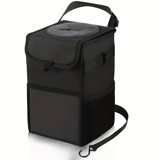 Cute Car Trash Can with Lid – Multipurpose Collapsible Trash Bin for Car, Leak-Proof Organizer, Waterproof Garbage Can with Storage Pockets & Adjustable Straps, 2 Gallons (Black)