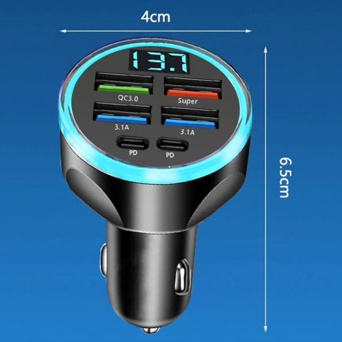 MESA'S LIVE 6-Port Car Charger USB C, 100W Max PD 65W QC3.0 Fast Charging, LED Voltage Display, 12/24V for Car/Truck/RV, Compatible with iPhone 16/Samsung/Tablet/Laptop
