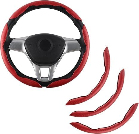Amiss 3pcs Carbon Fiber Anti-Skid Steering Wheel Cover, Waterproof & Segmented Butterfly Design, Universal 99% Vehicle Wheel Cover Protector, Car Interior Accessories, Red