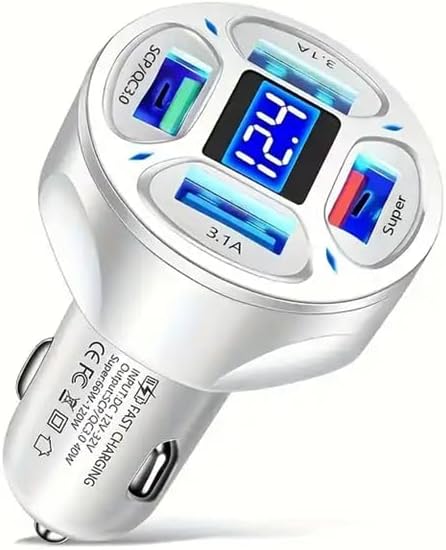 66W 4 Ports: Two USB 3.1A and One QC 3.0 Fast Car Charging, One Super Port Voltage Monitor, LED Display Adapter. Compatible with Tablets, iPhone Series, Samsung Galaxy, Google Pixel(White)