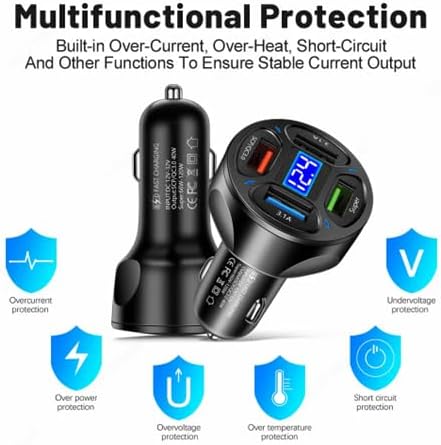 66W 4 Ports: Two USB 3.1A and One QC 3.0 Fast Car Charging, One Super Port Voltage Monitor, LED Display Adapter. Compatible with Tablets, iPhone Series, Samsung Galaxy, Google Pixel(White)