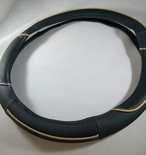Jdragon Black + Beige Line PU Leather Best Grip Slip-On Steering Wheel Cover 14.25-15" Diameter