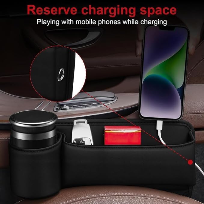 Seat Gap Storage Box, car seat Gap Filler Manager with Cup Holder and Charging Hole, car seat Manager, Leather Cup Holder Gap Bag (Main Driver-Black)