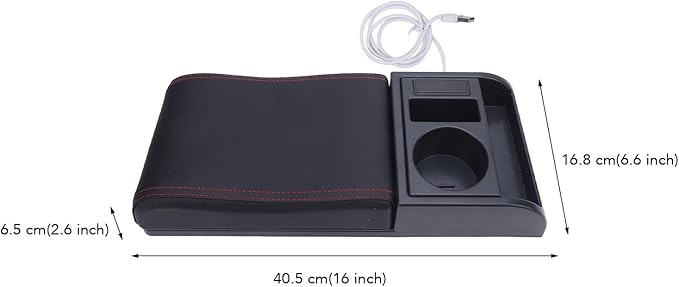 Center Console Armrest Box Cover Adjustable Length with USB Charging Port Cup Holder Universal for Most Vehicles (Red Line)