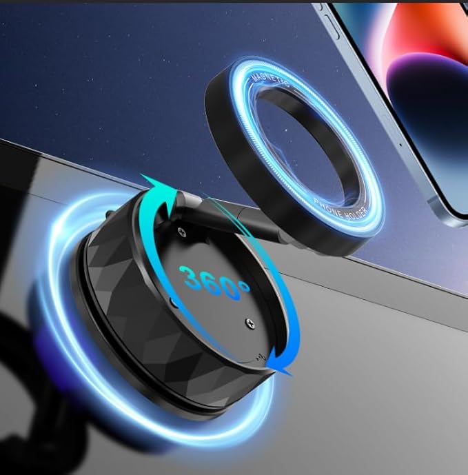 Vacuum Magnetic Phone Holder, Car Phone Mount for iPhone with Magsafe [Suction Cup/Strong Magnet/360°Adjustment/Foldable Arm] Cell Phones Holders for Car Accessories (Blue)