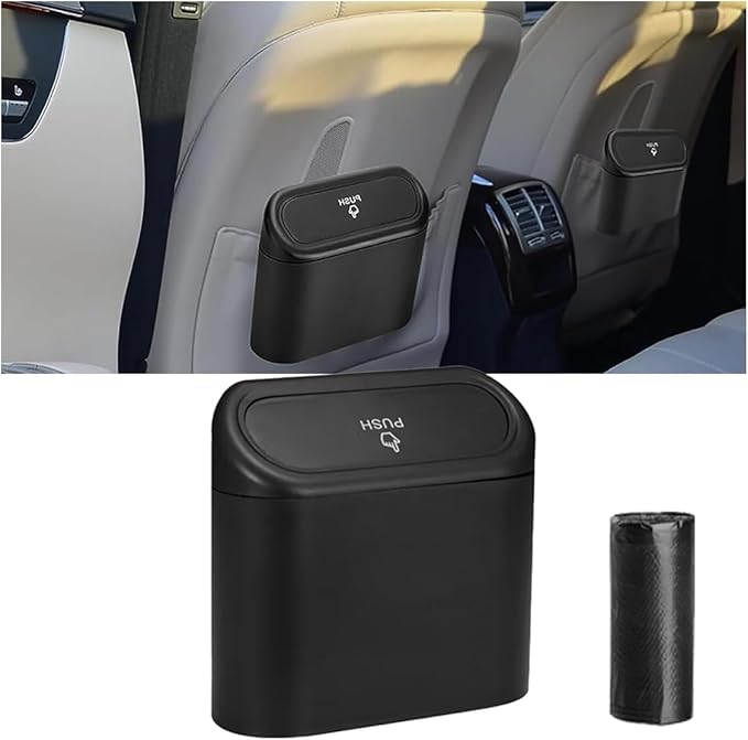 Mini Car Trash Can with Lid, Small Automotive Dustbin Garbage Container, Waterproof and Leak Resistant Car Storage Box with a roll of Plastic Trash Bags, Car Accessories Trash Bin for Vehicle, Home
