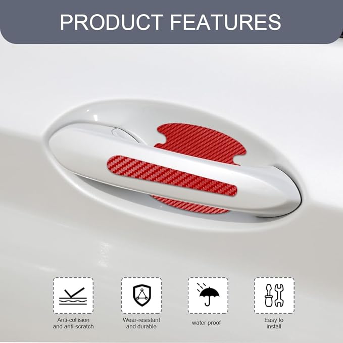 8PCS Car Door Handle Scratch Protector, Car Door Handle Sticker, Carbon Fiber Auto Doors Handles Paint Guard Cover, Waterproof Auto Paint Guard Protective Films Fit for Most Vehicles (Red)