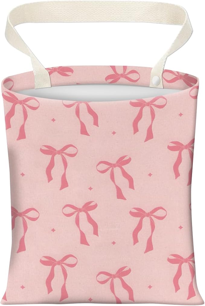 AXZOPDE Cute Car Trash Can, Hanging Canvas Car Back Seat Organizer and Storage Bag, Funny Car Trash Bag for Travelling, Outdoor Cute Pink Bow Star
