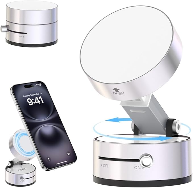 2025 Upgrated Vacuum Suction Magnetic Phone Holder, Retractable Strong Suction Cup Magnetic Hands-Free Car Cellphone Mount Foldable Car Phone Stand for Car/Mirror/Gym(Not Charge Phone)