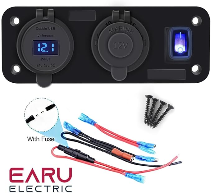 QC3.0 PD Dual USB Fast Charger Socket Multi Port Panel Cigarette Lighter Splitter with Voltmeter Switch for Car Motorcycle Boat(Blue Light)