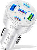 USB C Car Phone Charger Adapter 5 in 1 Multi Port PD30W &QC3.0 Super Fast Charging, 65W Cigarette Lighter USB Charger for iPhone/Android/Samsung/iPad Pro and More (White)