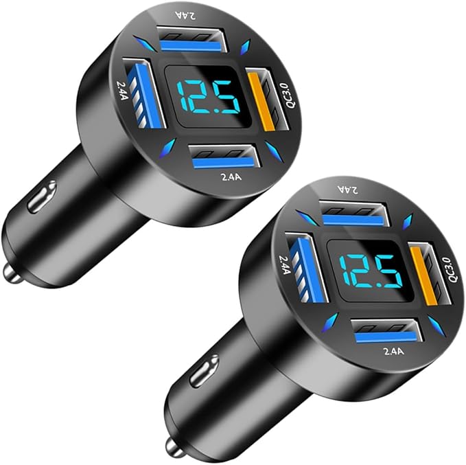 4 Ports USB Car Charger, 66W Super Fast Charging with QC 3.0, PD 20W and USB 2.4A Charger Adapter, Quick Charge with LED Voltmeter, Auto Cigarette Lighter Plug (QC3.0, 2PCS)