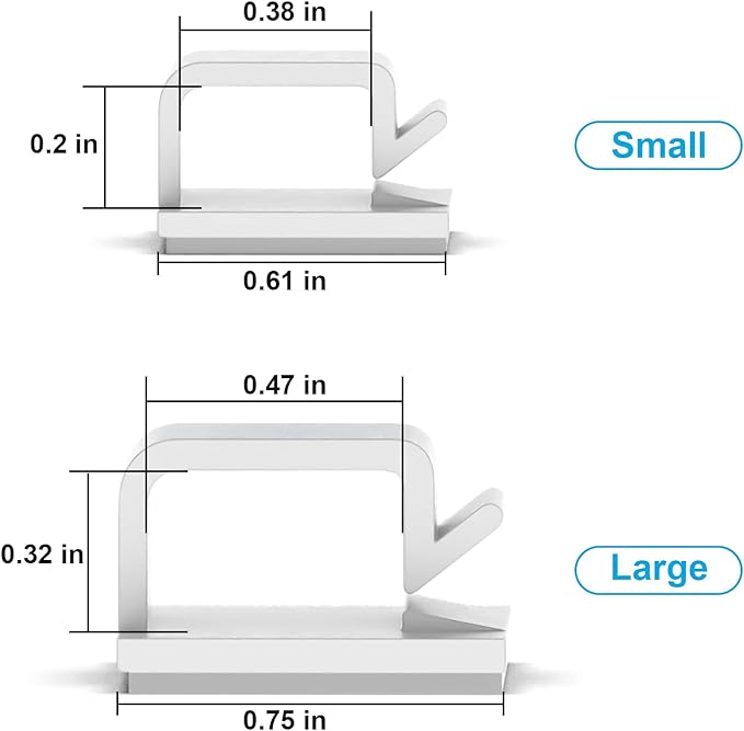 100 PCS Adhesive Cable Clips White (Small & Large), Upgraded Wall Wire Holder for Cord Organizer Cable Management, Outdoor Light Clips Hooks for LED, Car Dash Cam, HDMI, Extension Cord