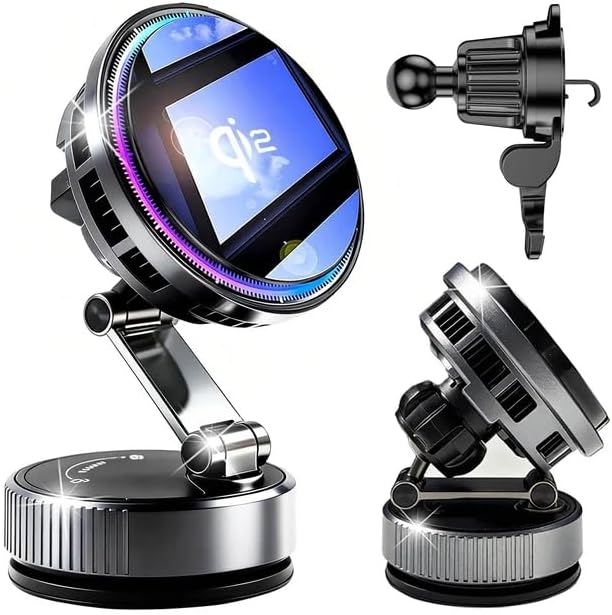Upgraded TEC&Fan Cooling Magnetic Wireless Car Charger, For Qi2 Magsafe Car Mount Fast Charging, Vacuum/Air Vent Car Phone Holder 120LBS Ultra Suction Cup 810° Dashboard Car Bracket for iPhone/Android
