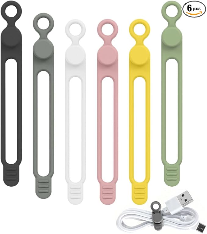 Silicone Cable Ties, 6pcs Reusable Data Cable Organizer, Multipurpose Elastic Wire Organizer Ties for Bundling and Fastening Earphone, Phone Charger