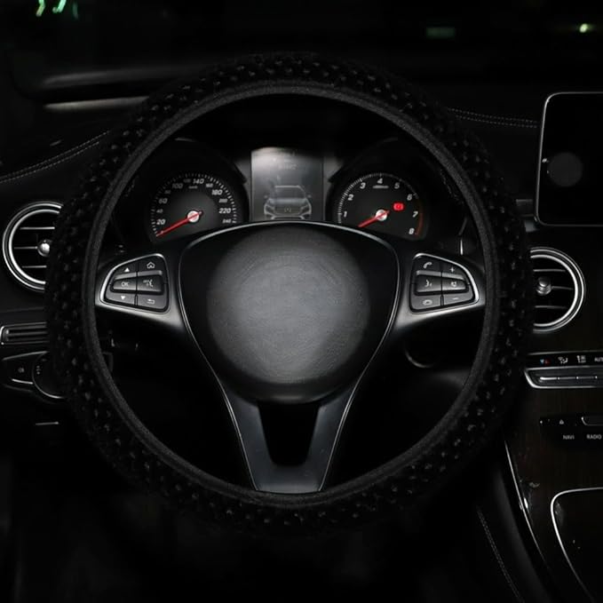 15 Inch Soft Dot Plush Steering Wheel Cover Anti-Slip Comfortable Winter Grip Universal Fit for Most Car Truck Vehicle SUV (Black)
