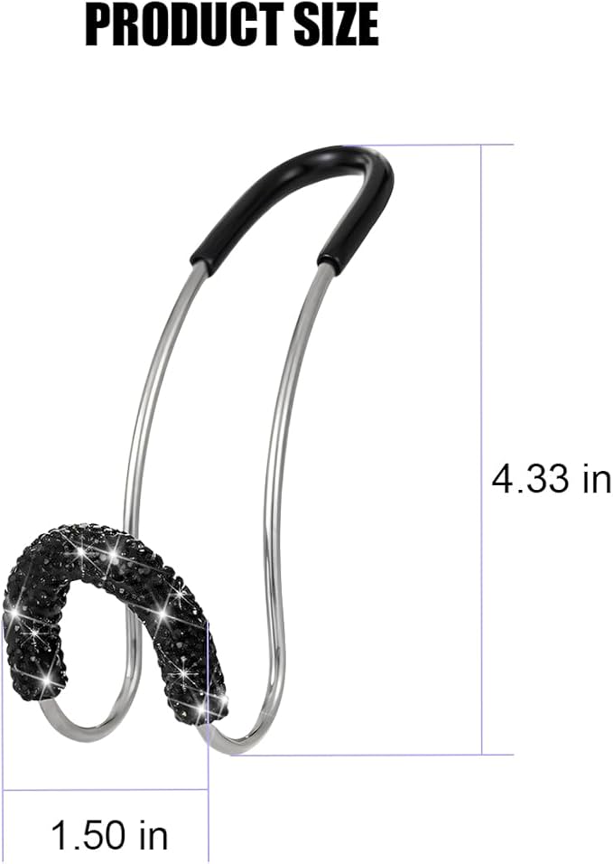 Bling Car Headrest Hook, 2PCS Crystal Rhinestone Vehicle Seat Purse Bag Organizer Hanger, Diamond Automotive Backseat Storage Holder Hook Accessories, Universal for SUV Truck Van (Black)