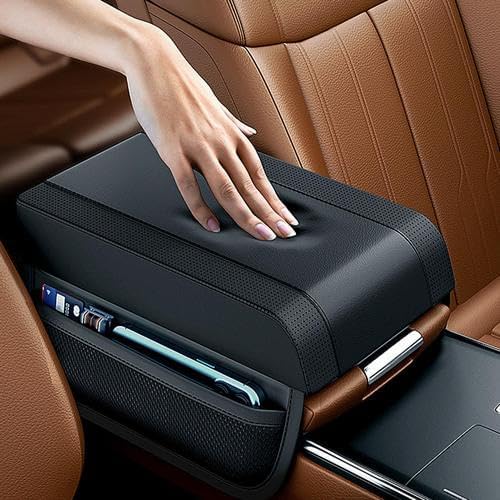 Car Armrest Pad Cover Center Console Lid, Memory Foam Car Armrest Cushion Cover with Storage Organizer, Black Leather, 7x10.6 Inches, Plug-in Installation