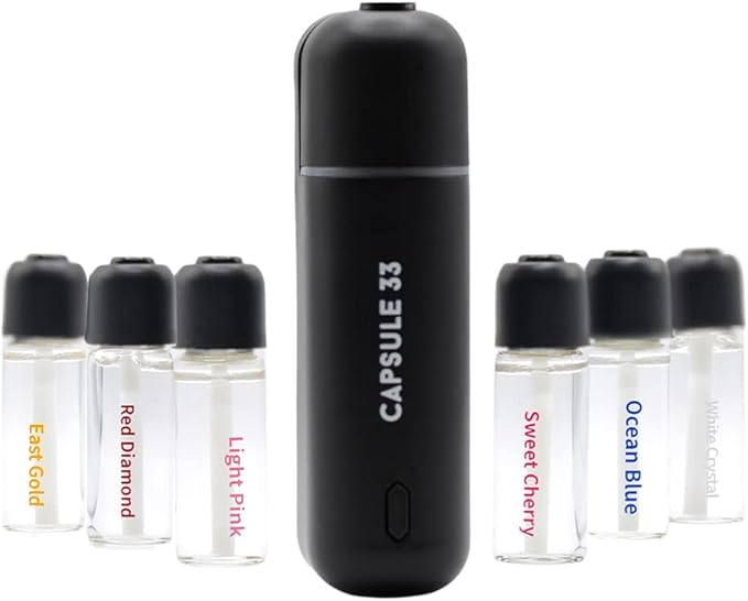 Capsule 33 Car Perfume Starter Pack, Car Air Freshener, Ultrasonic Aroma Diffuser, 6 Fragrances (White Crystal, Red Diamond, East Gold, Ocean Blue, Sweet Cherry, Light Pink) (White)