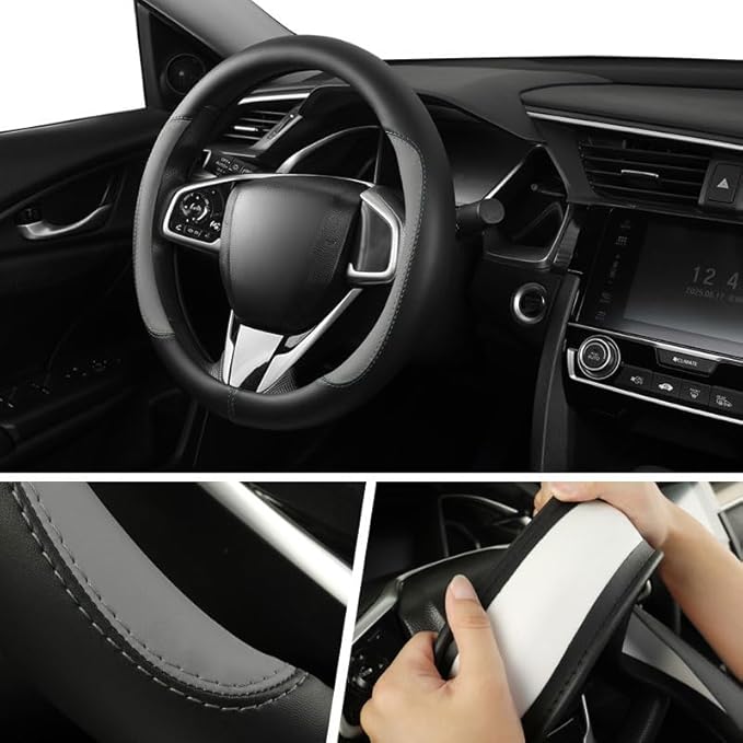 Car Steering Wheel Cover,Microfiber Leather Steering Wheel Cover Universal 14.5-15 inch, Anti-Slip Breathable Auto Wheel Cover Protector for Men Women (Black&Gery)