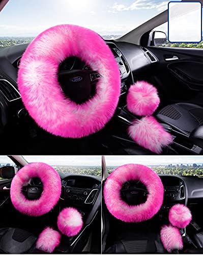 15inches Universal Leather Car Steering Wheel Cover Car Accessories Colorful Fuzzy Steering Wheel Cover Gear Shift Cover Handbrake Cover (Rose-red)