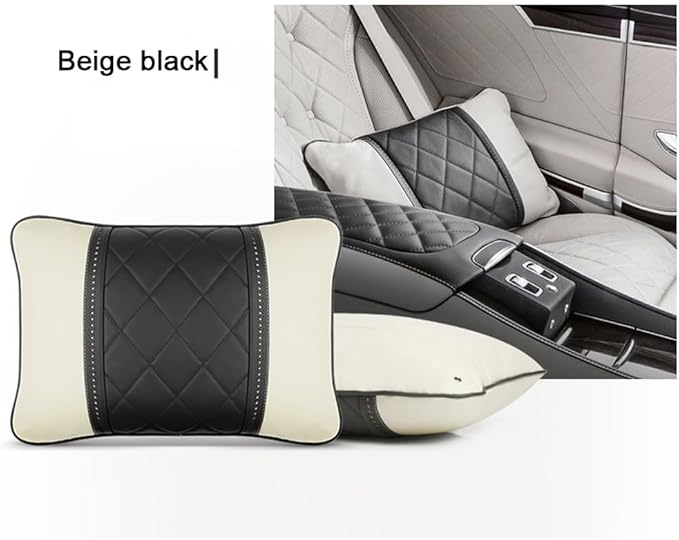 Car Pillows Napa Leather Car Seat Rest Cushion Car Lumbar Pillow for Mercedes Benz Maybach S-Class Lumbar Support Pillow car Accessories（Beige Black）