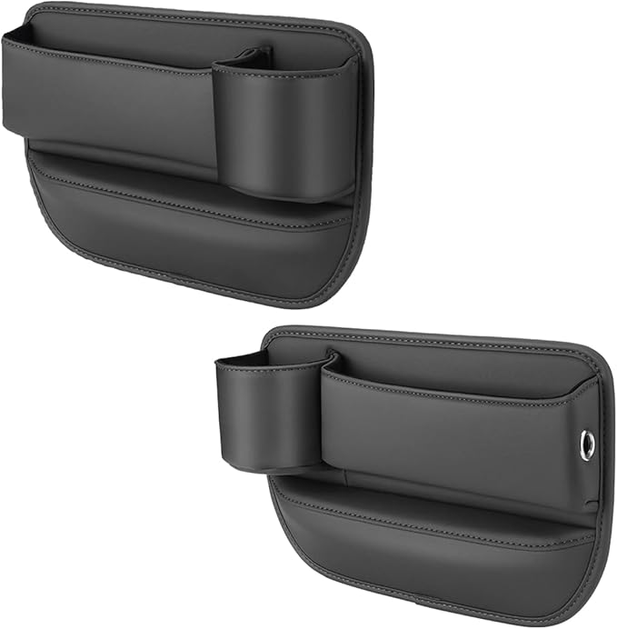 Coneati 2-Pack car seat Gap Filler Organizer with Cup Holder, Adjustable Car Seat Gap Storage Box Leather with Cup Holder for Phones Glasses Keys Cards (Black. Driver- Passenger)