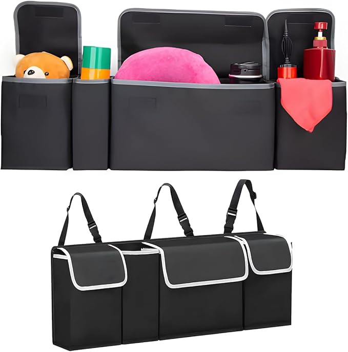 Car Trunk Organizer, Collapsible Large Capacity Auto Backseat Hanging Storage Bag with Adjustable Strap & 4 Pockets, Space Saving Car Back Seat Cargo Bag, Universal for Vehicles (Black)