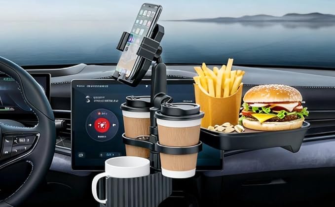 6-in-1 Car Cup Holder Expander with Tray & Phone Mount, Car Food Tray with 360° Rotation Adjustable Base, Car Cup Holder, Ideal for Drinks, Snacks, Foods