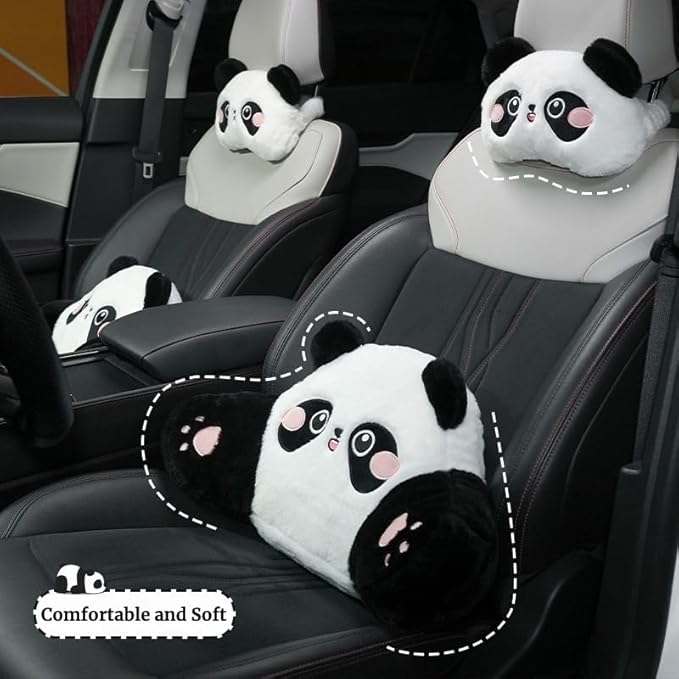 Cute Panda Car Pillow – Plush Neck Support & Lumbar Cushion, Soft Rabbit Fur Material for Headrest & Back Seat Comfort(Set of 2)