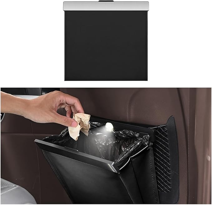 Car Trash Can, Smart LED Magnetic Hanging Leather Vehicle Backseat Garbage Bag Storage Pocket, Multifunctional Portable Auto Rubbish Container, Universal for Truck SUV Sedan (Black)