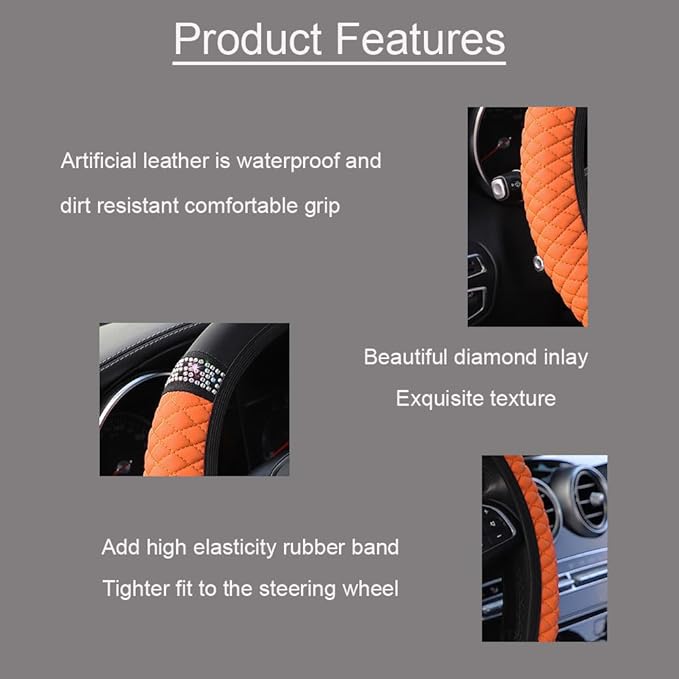 WLERIR Microfiber Leather Steering Wheel Cover with Anti-Slip Lining Universal Car Accessory for Steering Wheel with a Diameter of 14.5-15 inch (Orange)