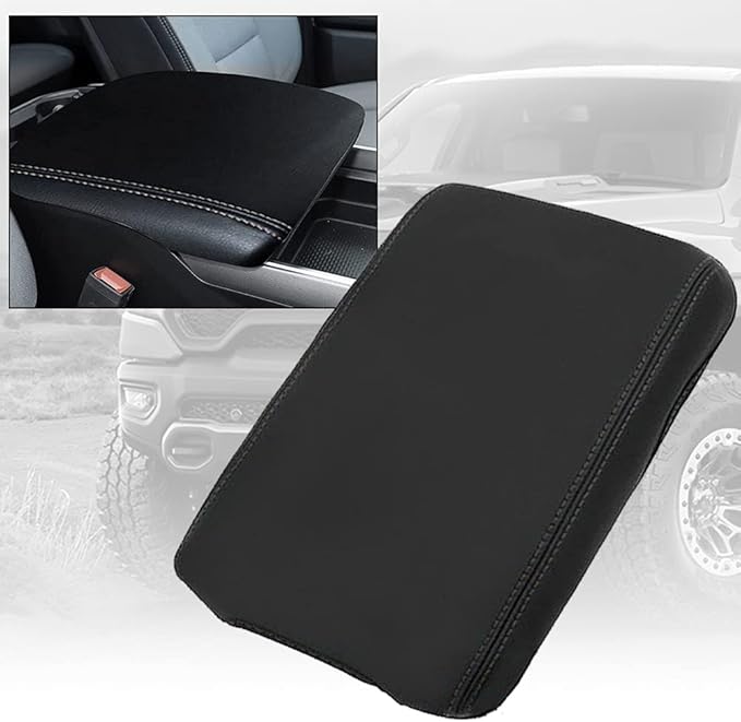 sportuli Center Console Cover Anti-Scratch Leather Armrest Pad Replace for 2019-2024 2025 Dodge RAM 1500 2500 3500, for All Makes & Models with Bucket Seats (Black Stitches)