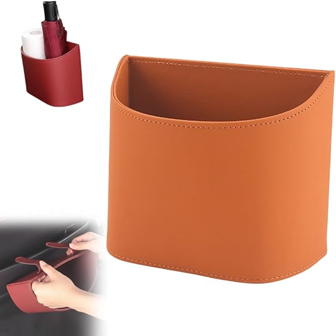 Universal Leather Car Door Cup Holder Trash Can, Leakproof Car Trash Bin,Multifunctional Back Seat Car Organizer for Hold Phones, Snacks, Drinks (A-Orange)