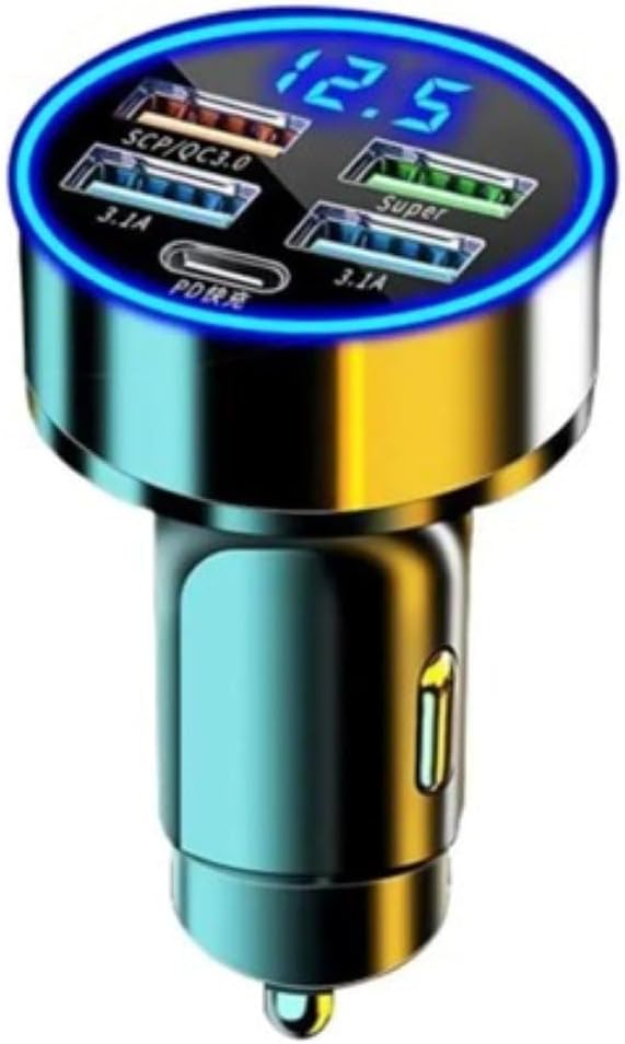 120W 5-Port Car Charger with PD Fast Charging & LED Voltage Display – USB C Cigarette Lighter Adapter (4 USB + 1 PD) for iPhone, Android & Multiple Devices