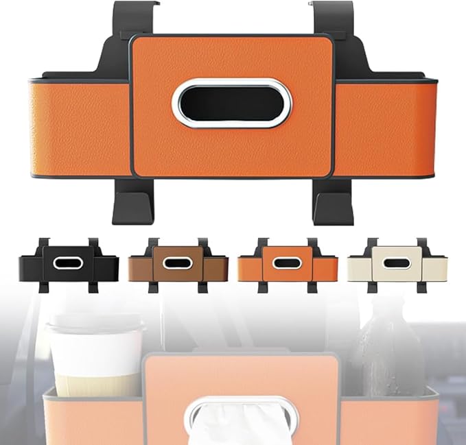Car Backseat Organizer with Cup Holder, Tissue Box, Trash Bin & Hooks, 3-in-1 Multifunctional Back Seat Car Organizer for Hold Phones, Snacks, Drinks, and Handbags, Gifts for Car Owners (Orange)