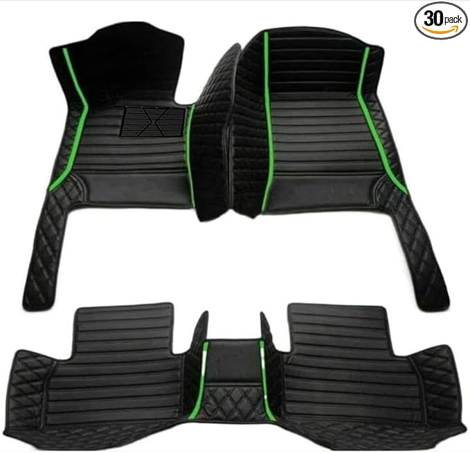 Custom Luxury Leather Car Floor Mats Upgrade Your Car's Interior All-Weather Protection for Cars, SUVs, Trucks Compatible with Automotive Floor Mats (Black Green Stripe)